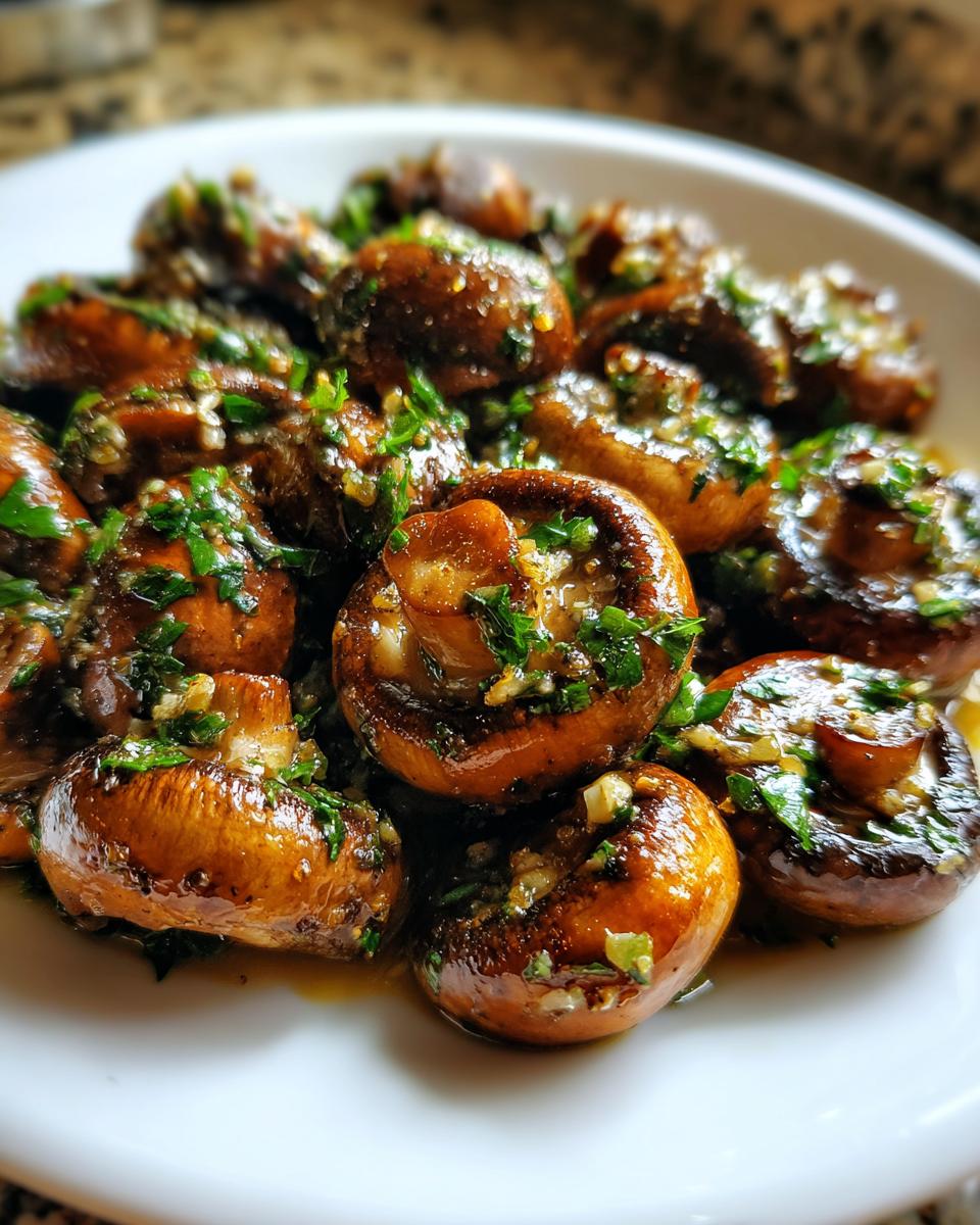 A close-up of perfectly cooked garlic butter mushrooms glistening in sauce and topped with fresh parsley.