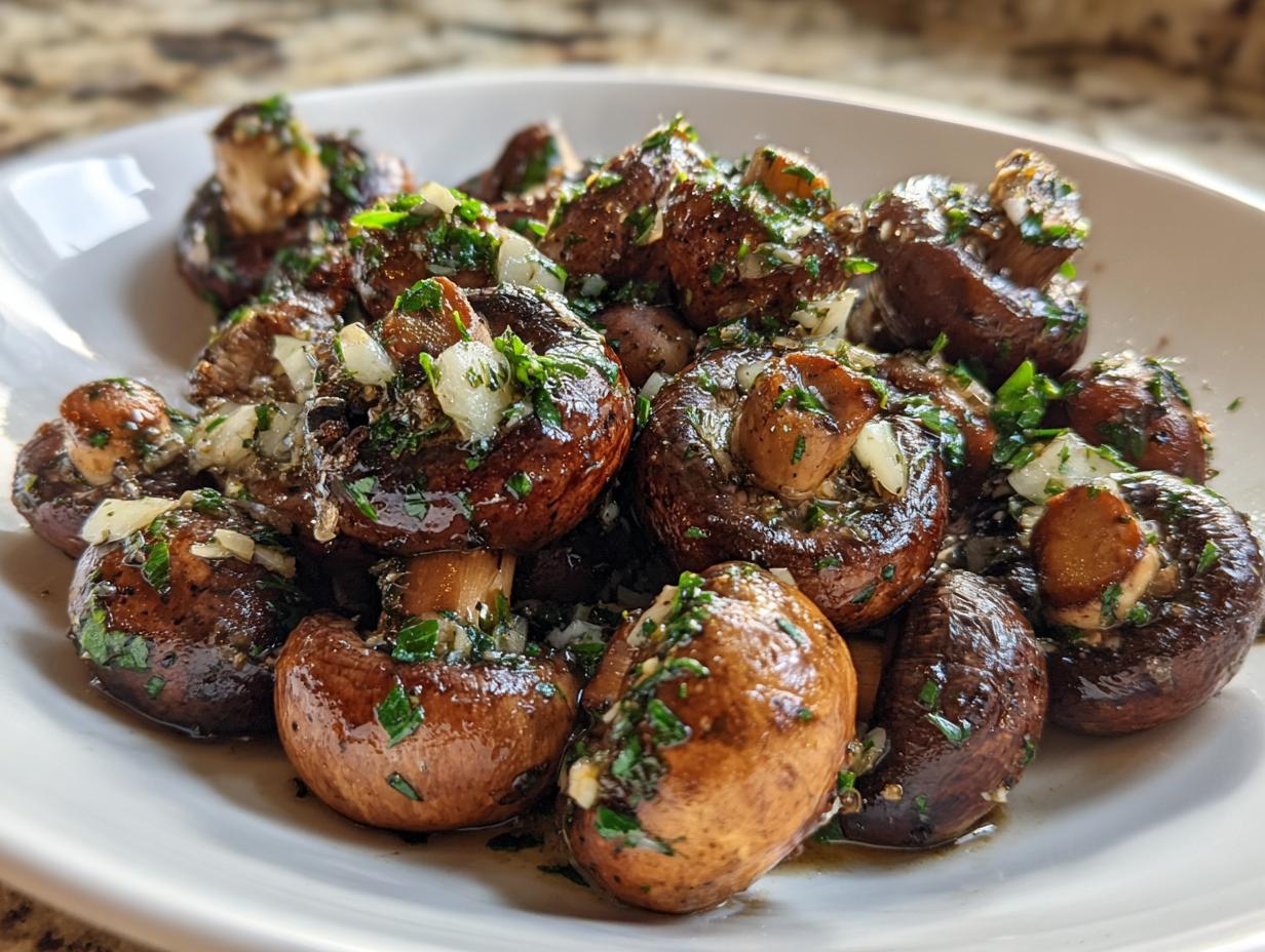 A close-up of glossy, sautéed garlic butter mushrooms topped with fresh parsley and minced garlic.