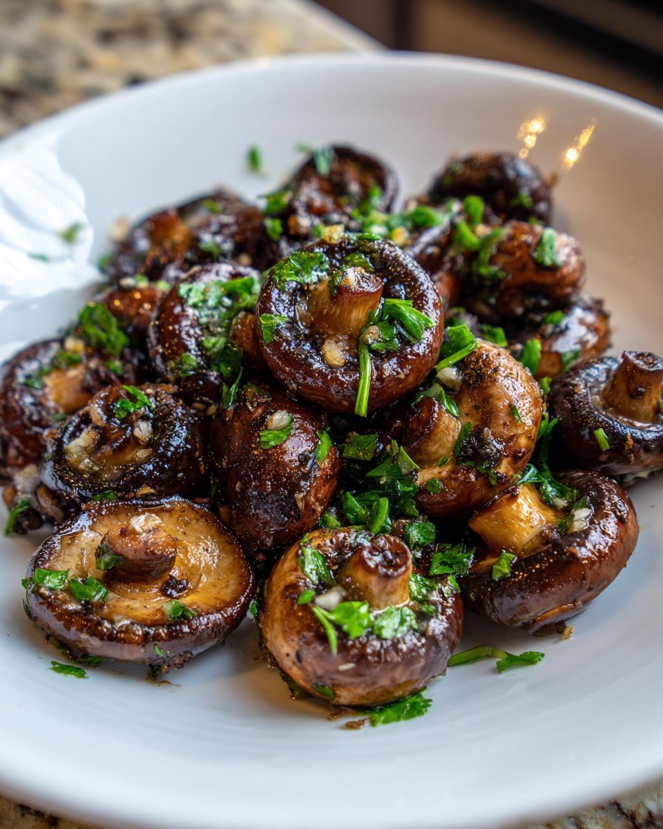 A close-up of glossy, sautéed garlic butter mushrooms topped with fresh chopped parsley.