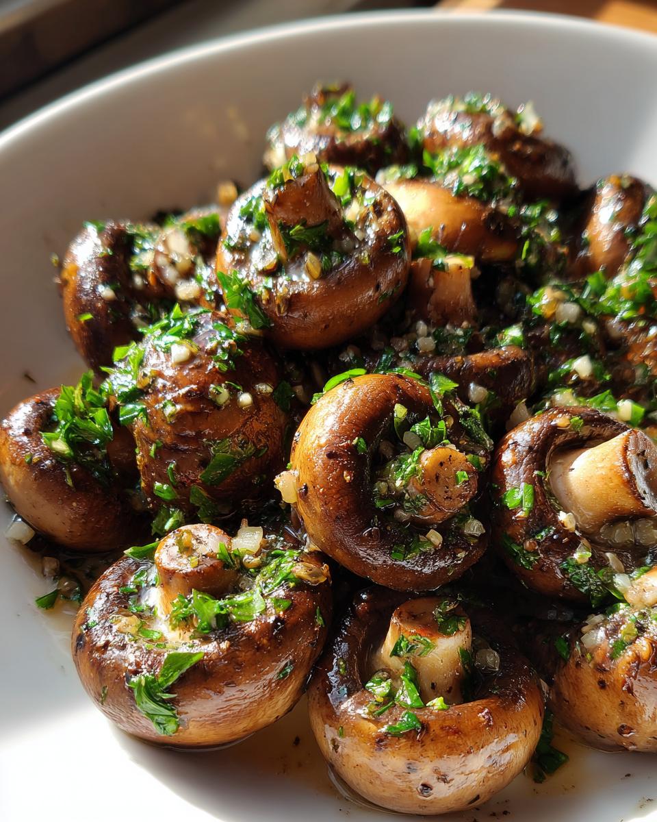 Close-up of glossy, sautéed garlic butter mushrooms topped generously with fresh parsley and garlic.