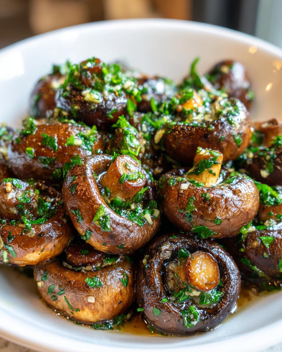 A close-up of savory garlic butter mushrooms, glistening with sauce and topped with fresh chopped parsley.