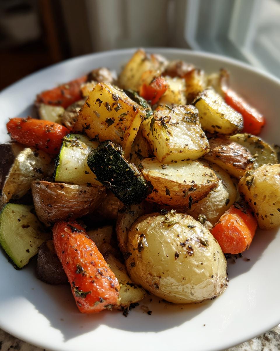 A close-up of golden brown Garlic Herb Roasted Veggies, including potatoes, carrots, and zucchini, seasoned with herbs.