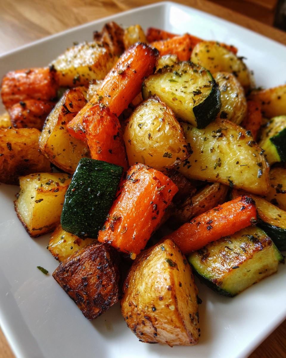 Close-up of perfectly roasted potatoes, carrots, and zucchini seasoned with herbs, showcasing the amazing Garlic Herb Roasted Veggies.