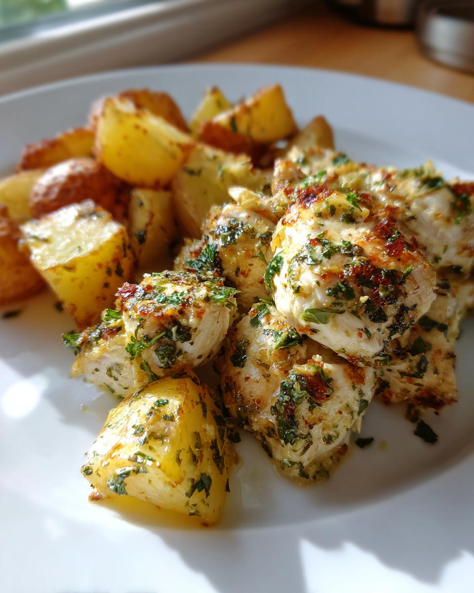 Close-up of bite-sized garlic parmesan chicken and potatoes seasoned with herbs on a white plate.