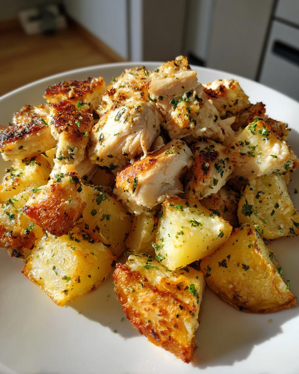 Close-up of golden roasted potatoes and chunks of seasoned garlic parmesan chicken on a white plate.