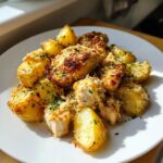 Close-up of golden roasted potatoes and crispy chicken pieces coated in parmesan, making up the garlic parmesan chicken and potatoes dish.
