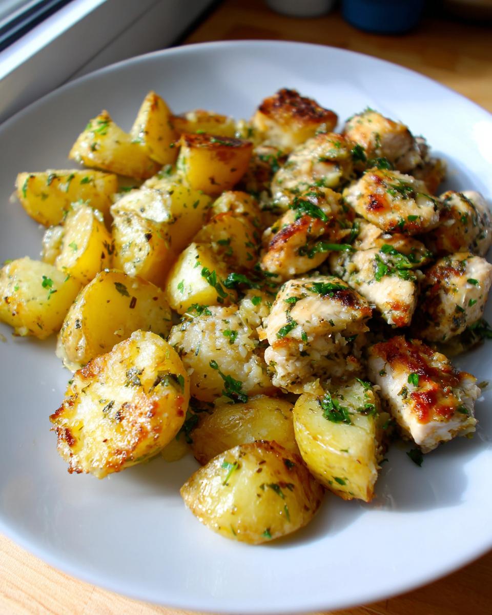 Close-up of golden roasted potatoes and bite-sized garlic parmesan chicken pieces garnished with parsley.