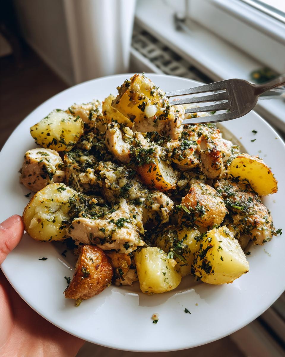 A fork lifting a piece of chicken and potato from a plate of garlic parmesan chicken and potatoes.