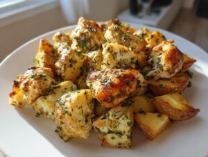 A close-up of golden brown garlic parmesan chicken and potatoes tossed with herbs on a white plate.