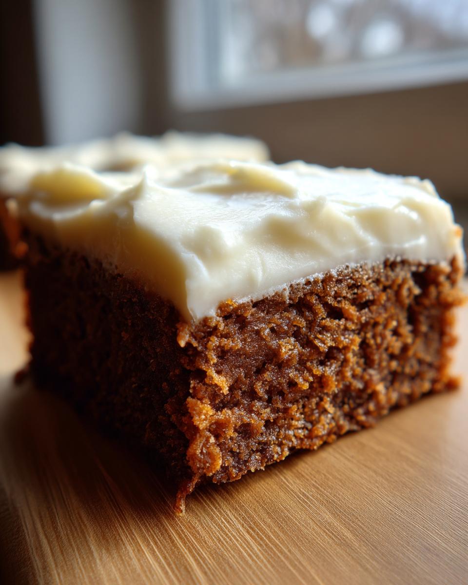 A moist, dark slice of gingerbread brownies topped with thick, creamy white frosting.