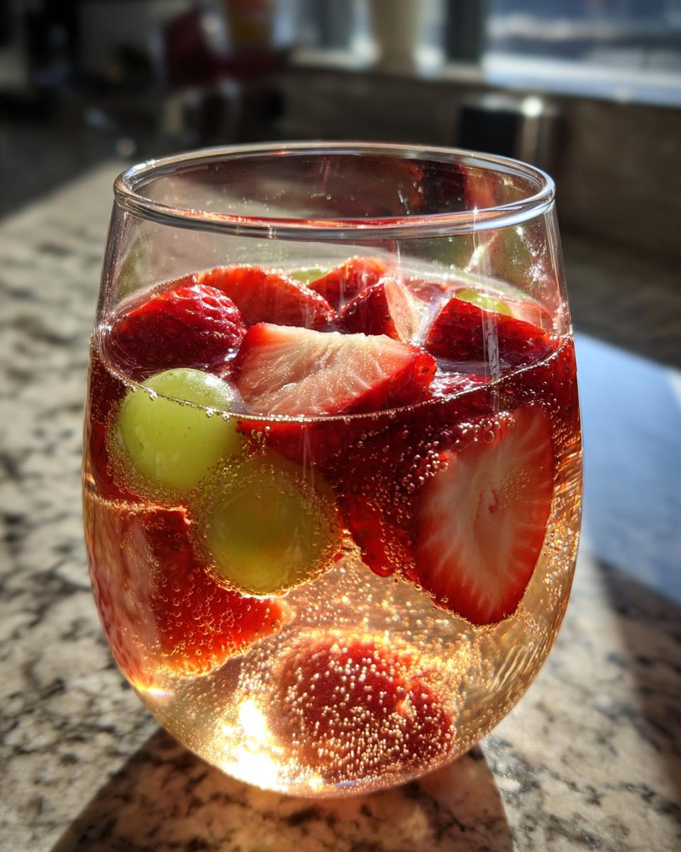 Close-up of a glass filled with bubbly champagne punch, sliced strawberries, and green grapes.
