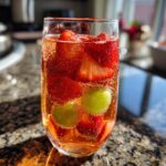 Close-up of a fizzy glass of champagne punch filled with sliced strawberries and green grapes.