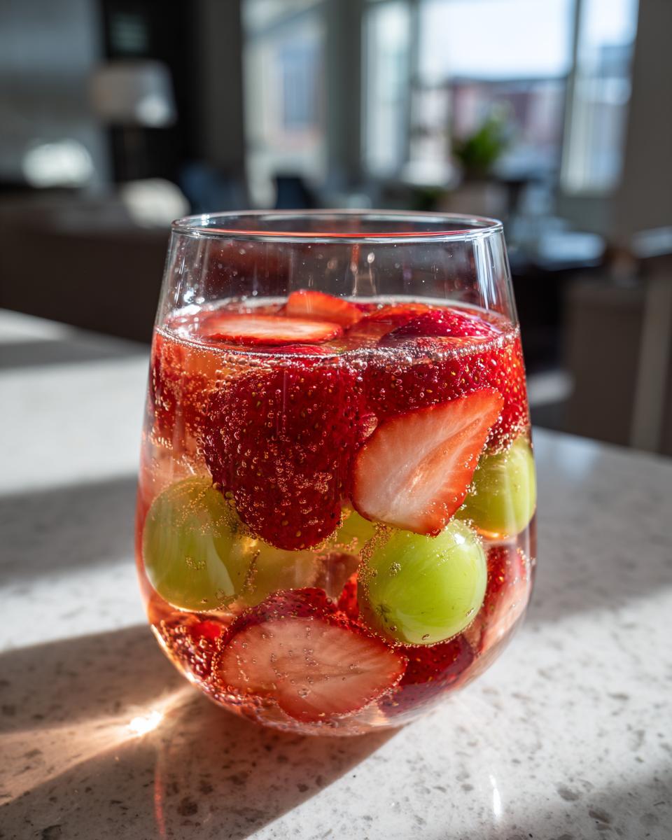Close-up of a glass filled with bubbly champagne punch, strawberries, and green grapes.