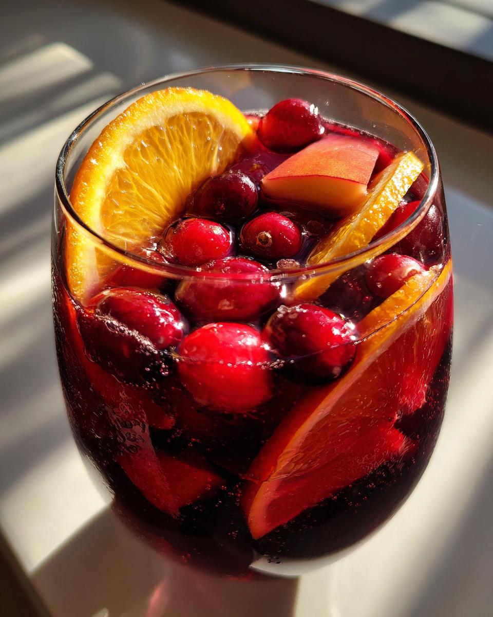 Close-up of a glass filled with rich red christmas sangria, garnished heavily with whole cranberries and orange slices.