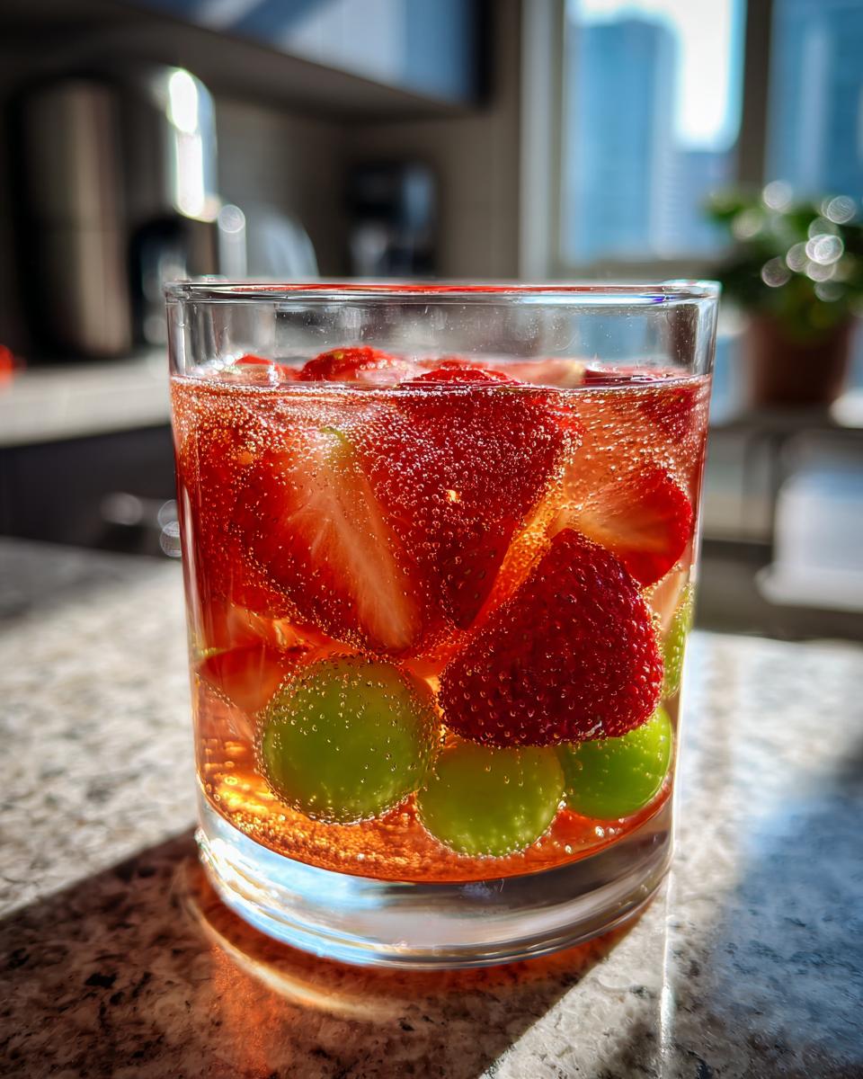 A close-up of a glass filled with bubbly champagne punch, strawberries, and green grapes.