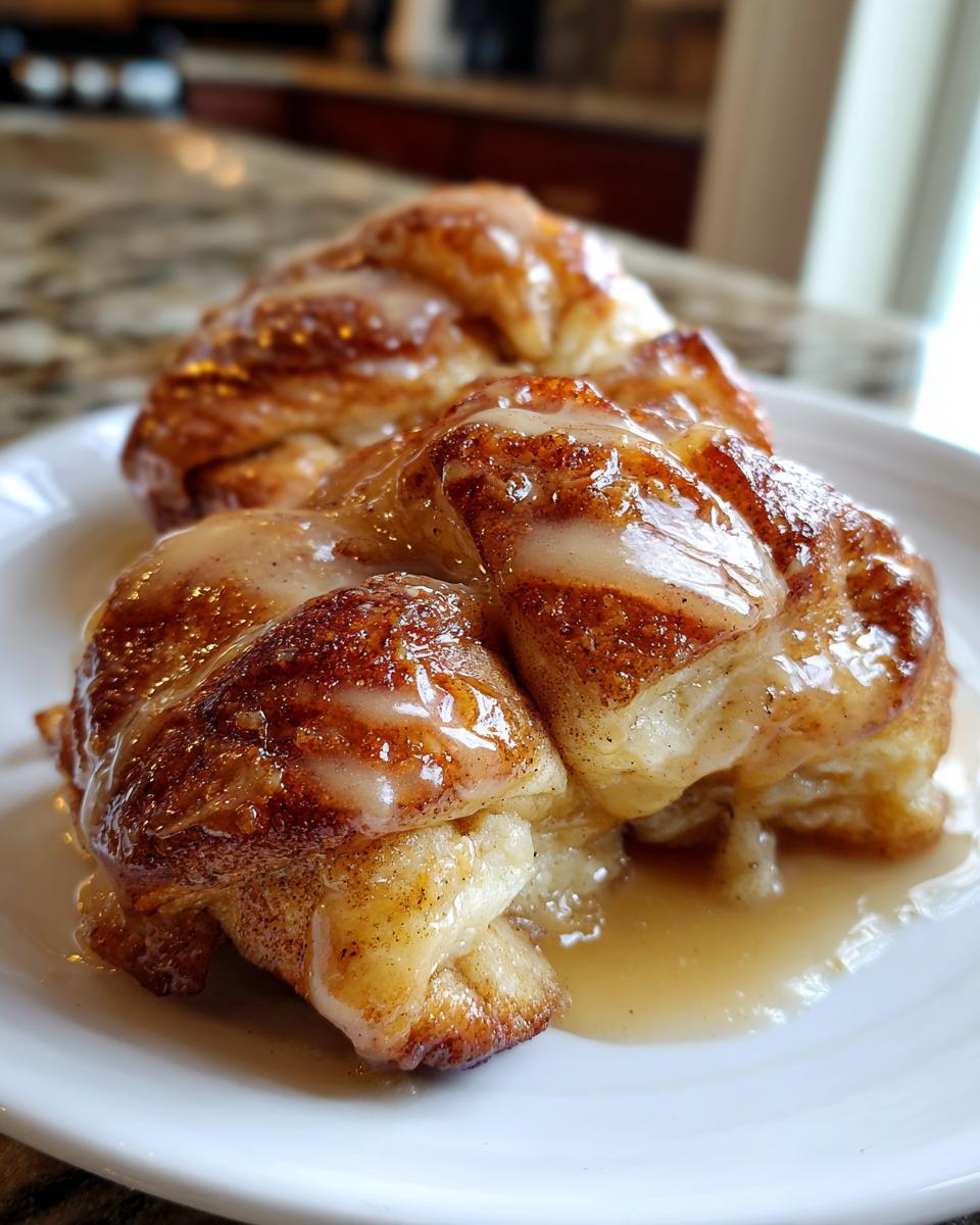 Close-up of a warm, glazed apple dumpling with cinnamon sugar, resting in sauce on a white plate.