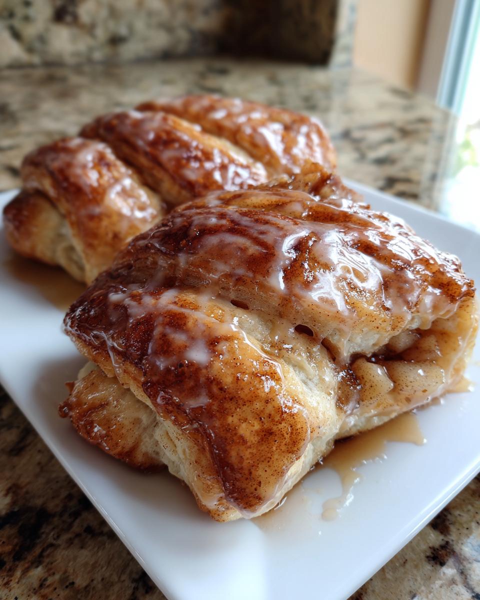 Close-up of a freshly baked, glazed apple dumpling dusted with cinnamon on a white plate.