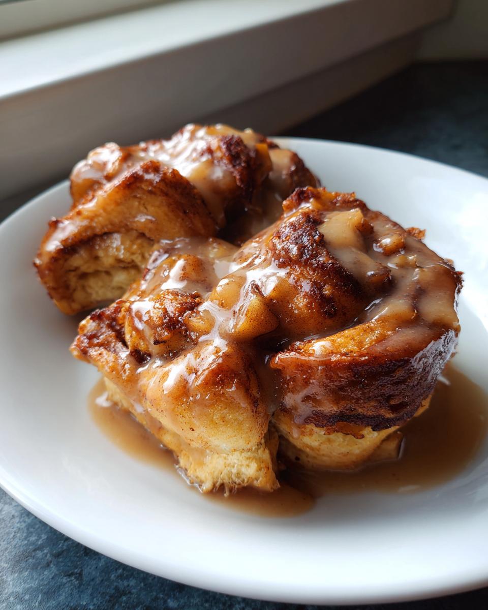 Three warm, baked apple dumpling portions covered in a thick, glossy caramel glaze on a white plate.