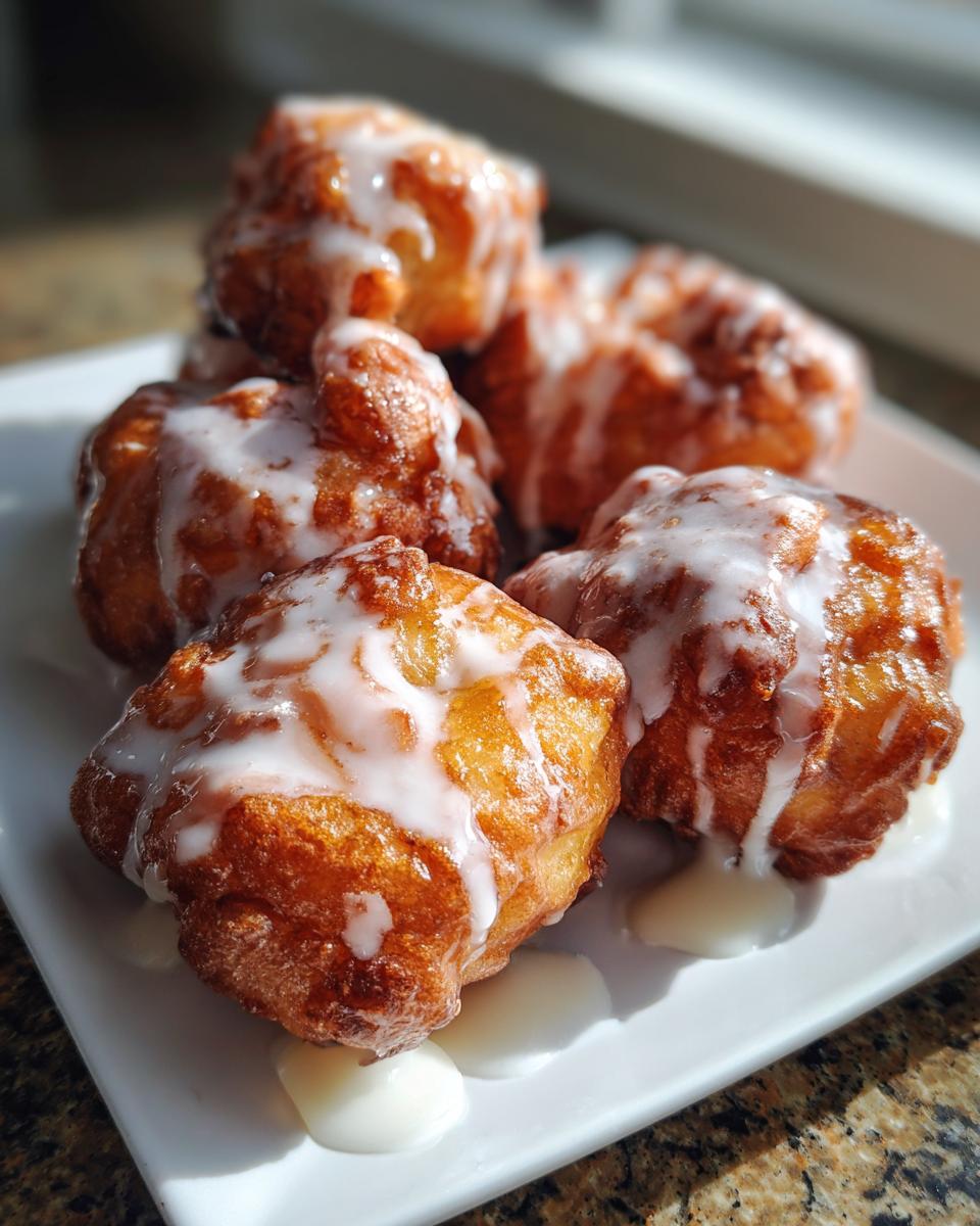 Close-up of several golden brown, freshly fried apple fritter pieces drizzled generously with white glaze.