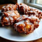 Close-up of several golden brown, irregularly shaped apple fritter pastries drizzled heavily with white vanilla glaze.