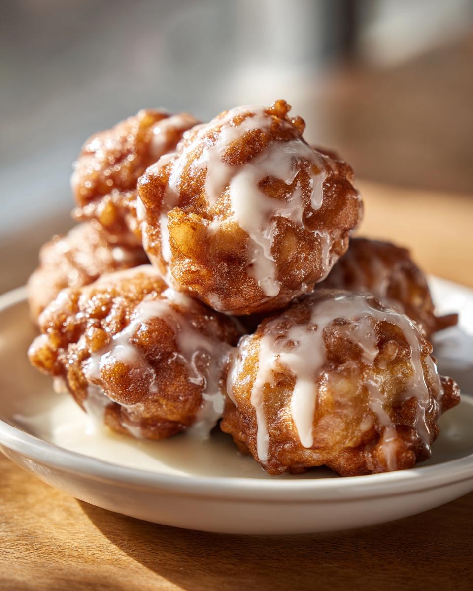 Close-up of several golden brown, deep-fried apple fritter puffs drizzled generously with white vanilla glaze.