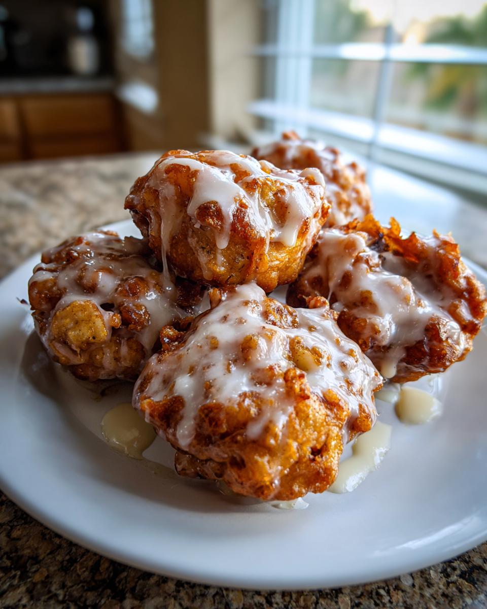 A stack of five golden brown, glazed apple fritter mounds piled high on a white plate.
