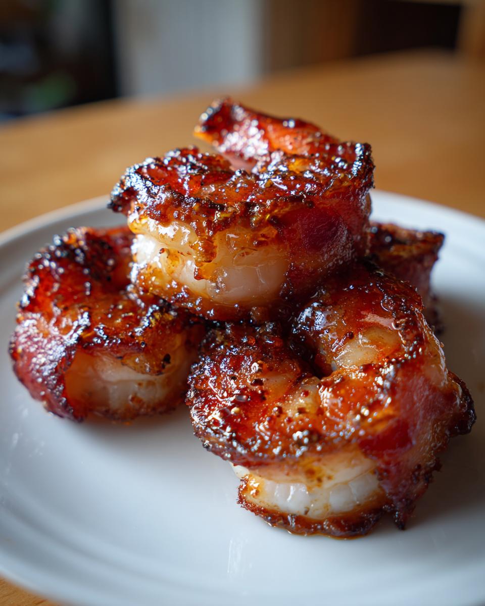 Close-up of four perfectly cooked, glazed bacon wrapped shrimp stacked on a white plate.
