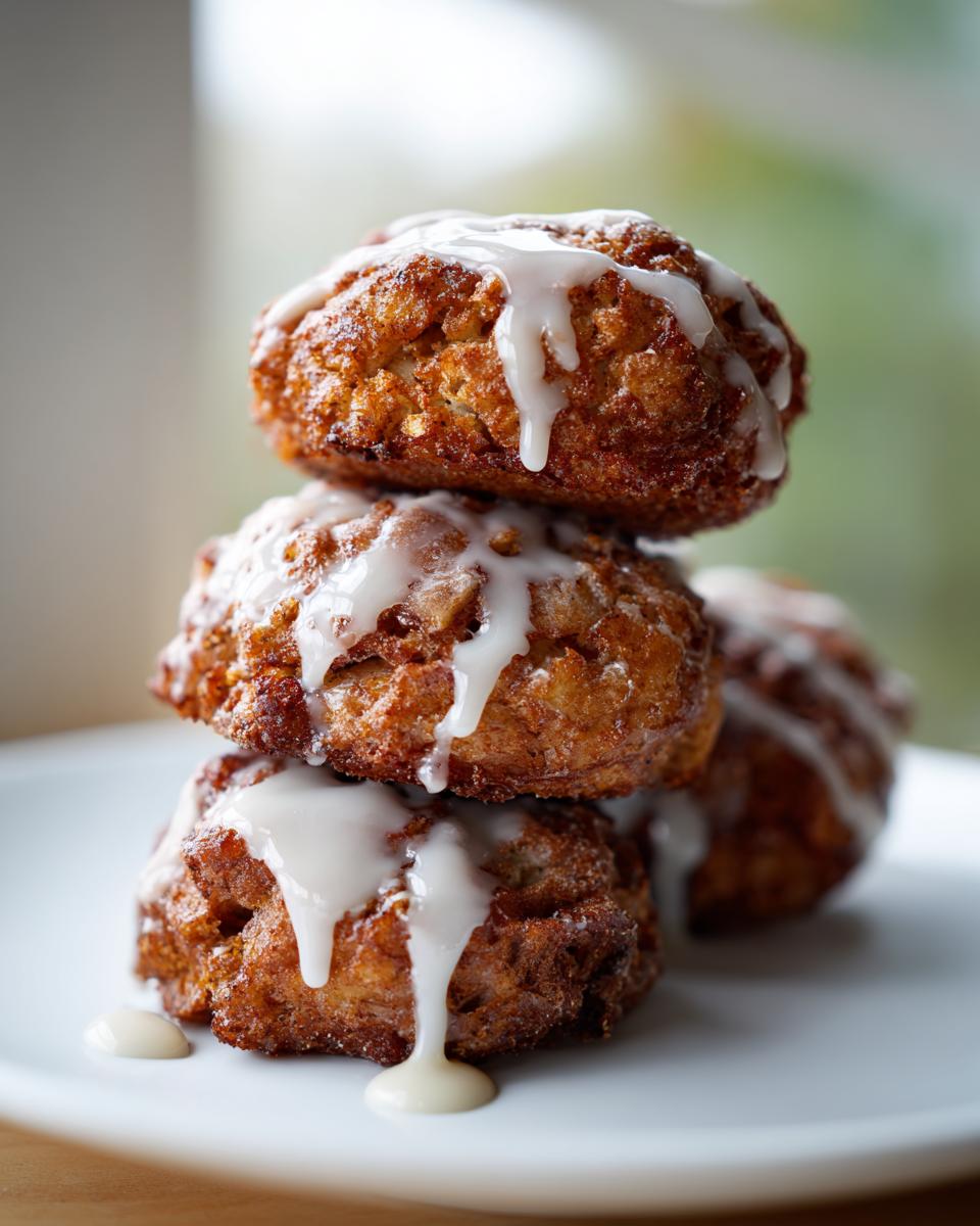 A stack of three golden brown baked apple fritters drizzled with thick white vanilla glaze.