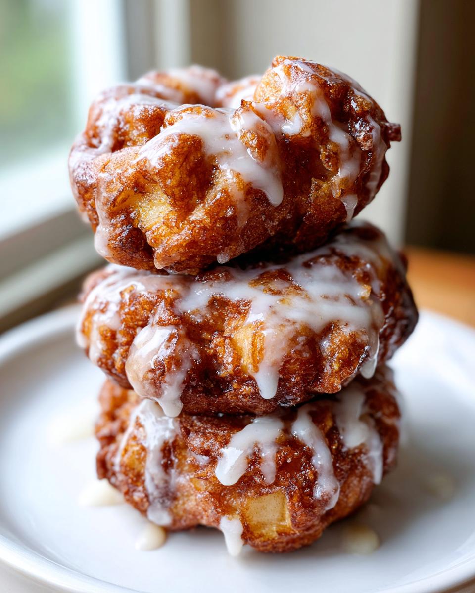 A stack of three golden brown baked apple fritters drizzled generously with white vanilla glaze.