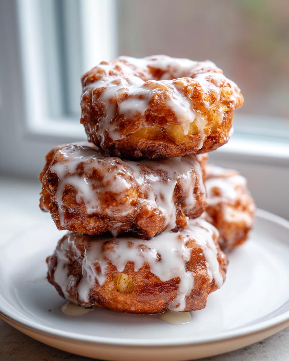 A stack of three golden brown baked apple fritters generously drizzled with white glaze, sitting on a white plate.