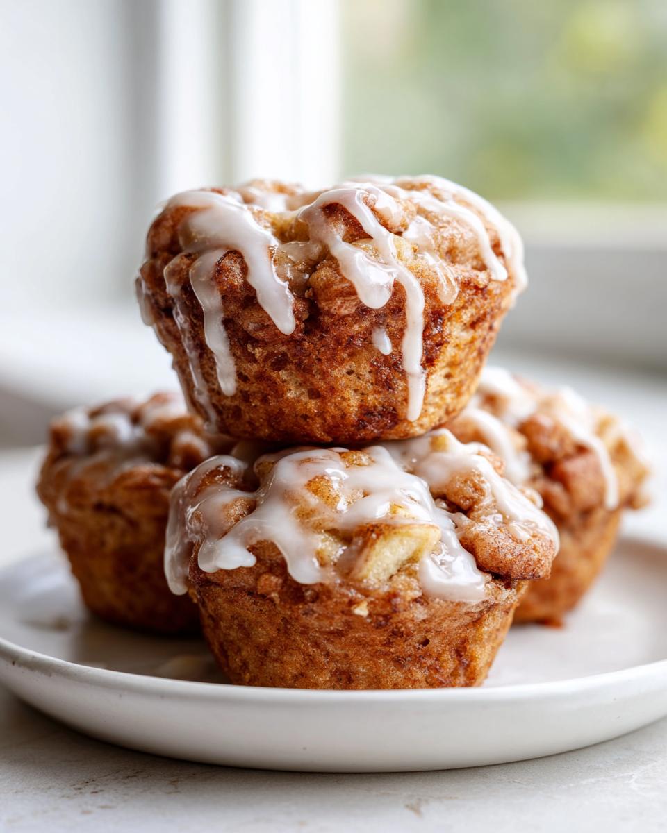 A stack of three golden brown baked apple fritters topped with a thick white glaze, sitting on a white plate.