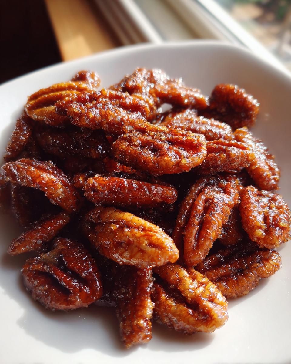 A close-up shot of freshly made, glossy candied pecans piled in a white bowl, catching the sunlight.