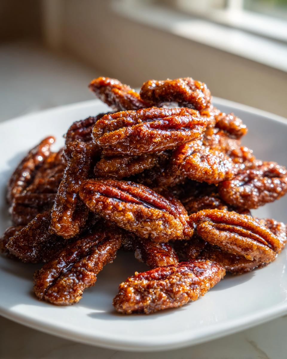A pile of glossy, dark brown candied pecans glistening under bright light on a white serving plate.