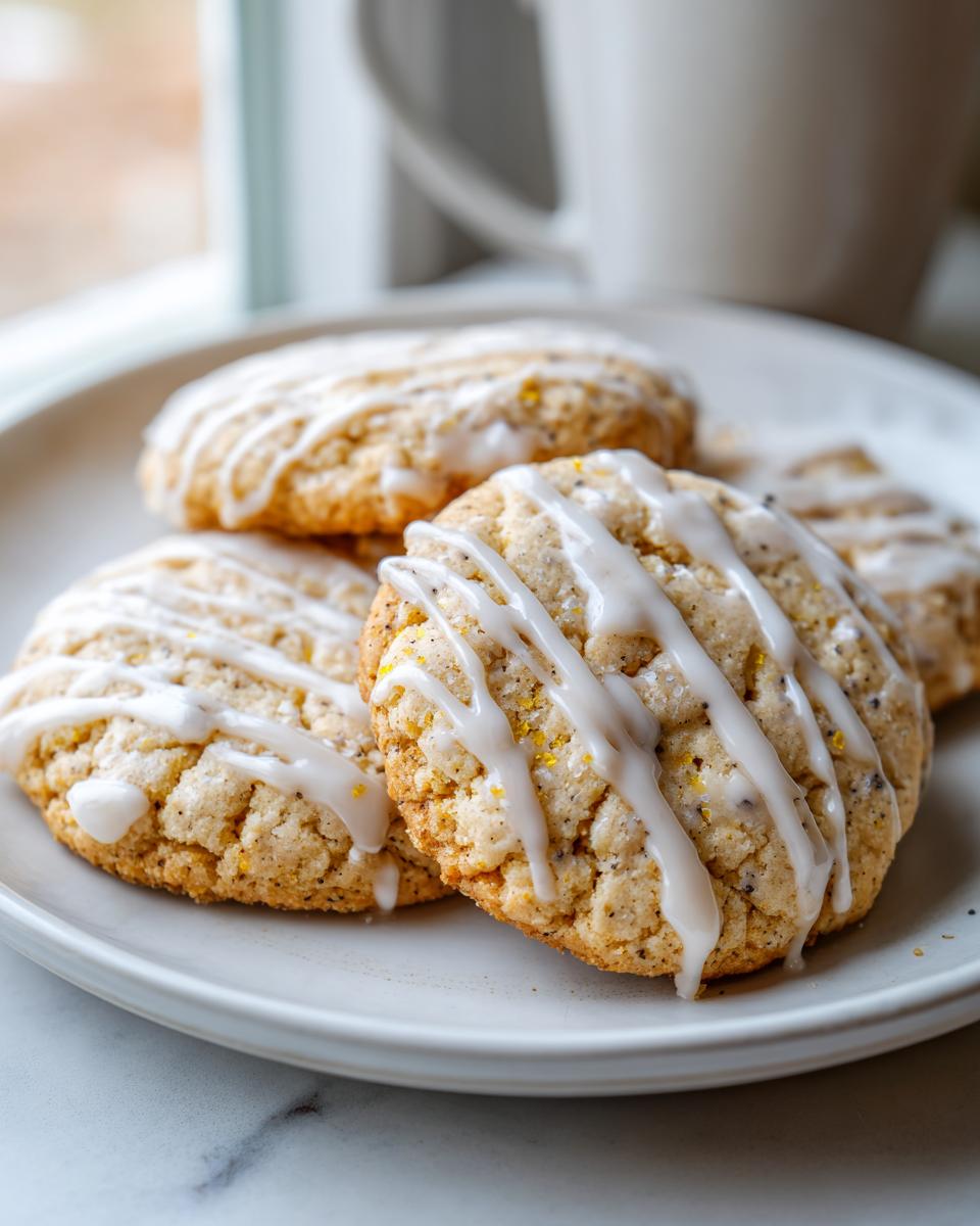 Close-up of several soft, textured Earl Grey cookies drizzled with white lemon glaze, resting on a light plate.