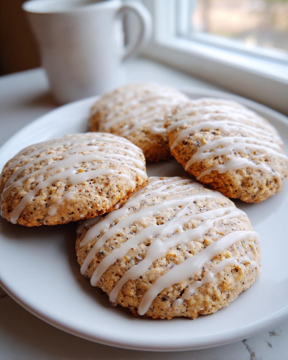 Four delicious Earl Grey cookies drizzled with white icing, resting on a white plate next to a mug.