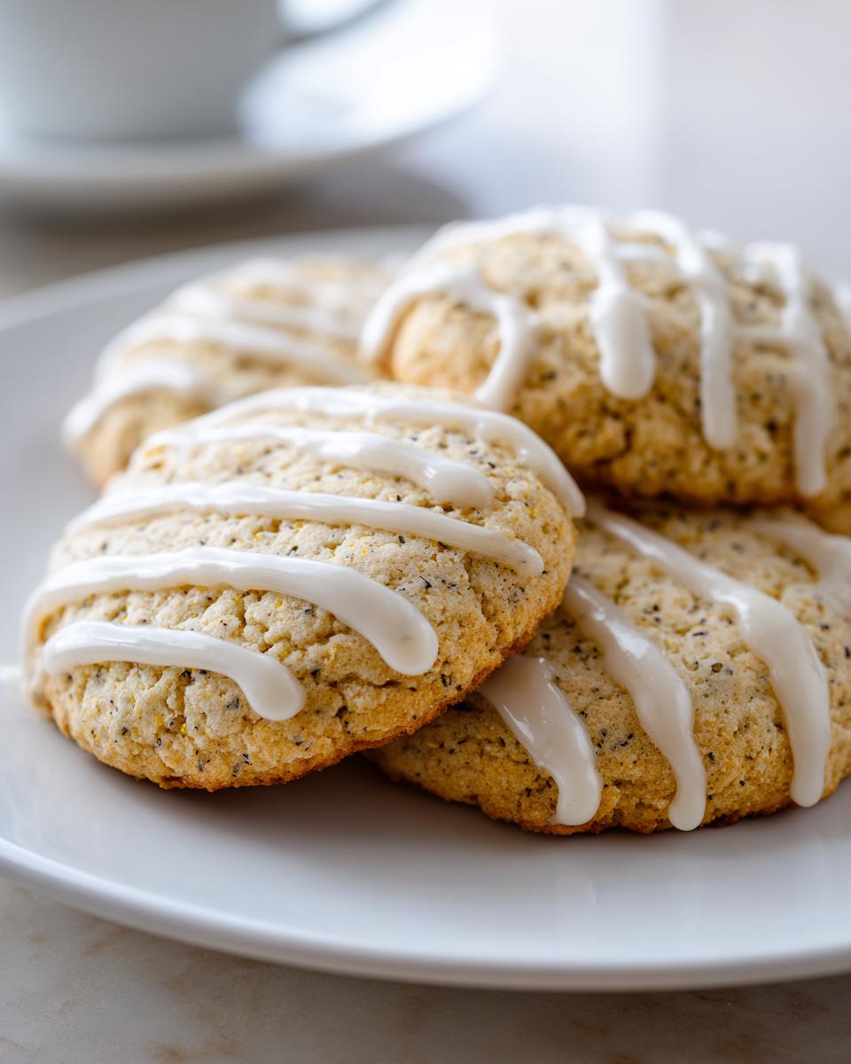 Close-up of several soft Earl Grey cookies drizzled with white lemon glaze, resting on a white plate.