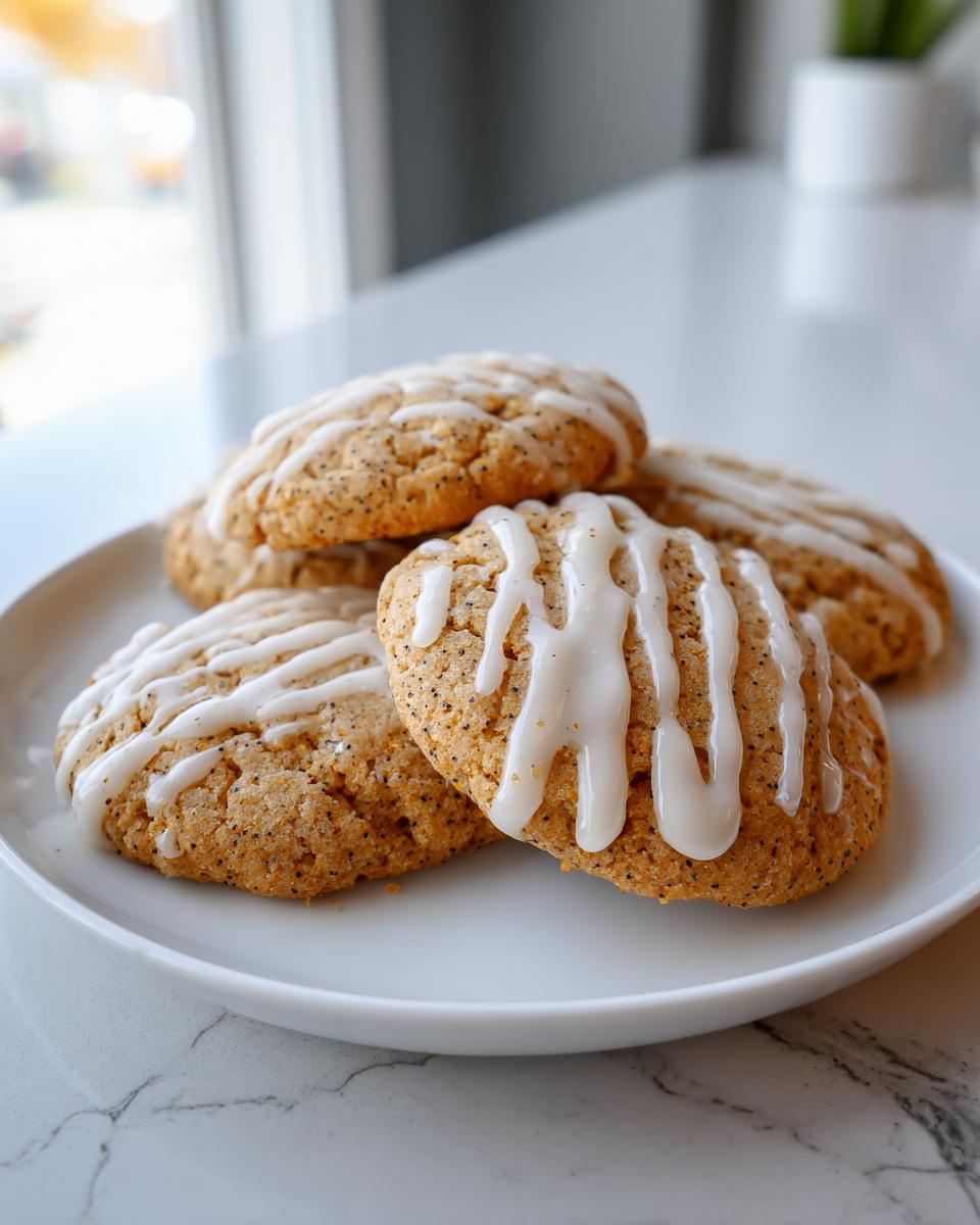 Close-up of several delicious Earl Grey cookies stacked on a white plate, drizzled with white icing.