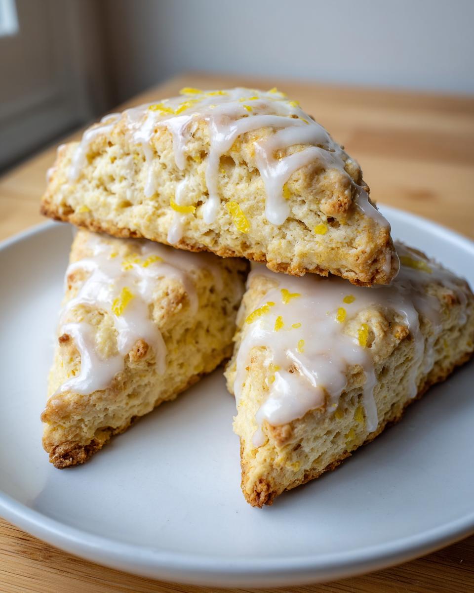Three freshly baked lemon scones stacked on a white plate, drizzled with white glaze and sprinkled with bright yellow lemon zest.