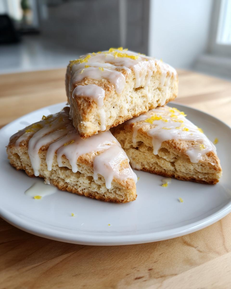 Three triangular lemon scones stacked on a white plate, drizzled with white glaze and topped with lemon zest.