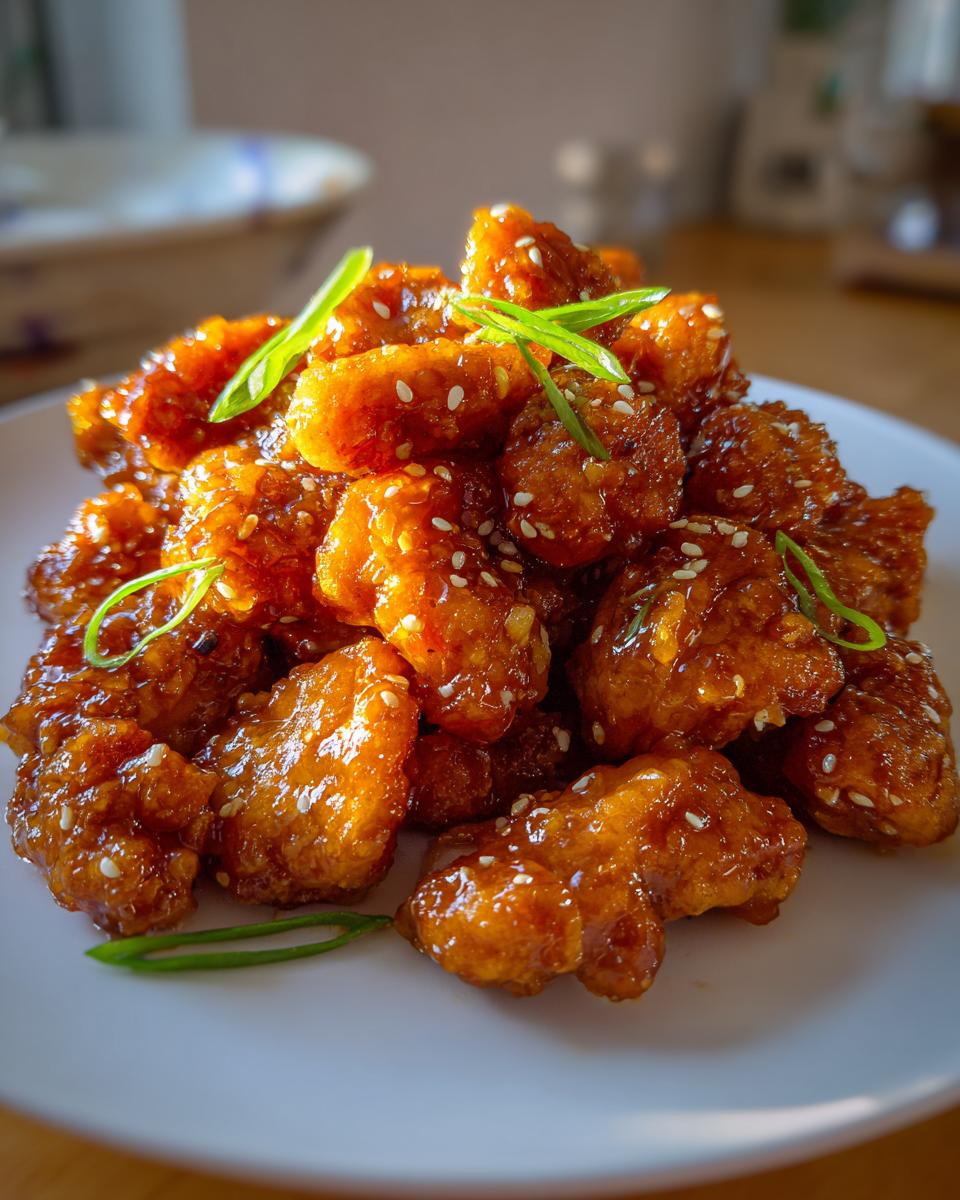 A pile of crispy, glazed orange chicken recipe pieces garnished with sesame seeds and sliced green onions on a white plate.