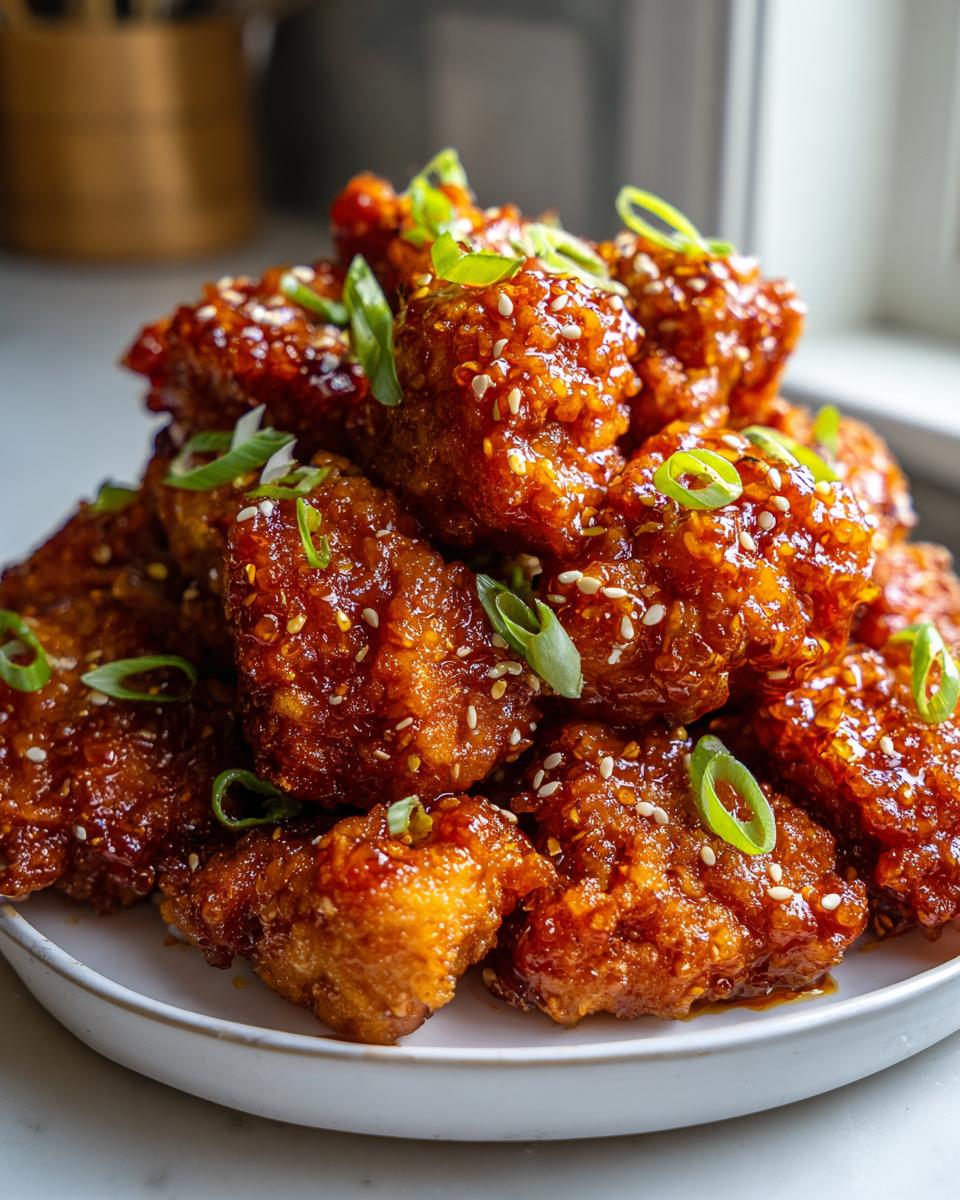 A close-up of a mound of sticky, glazed orange chicken pieces topped with sesame seeds and sliced green onions.