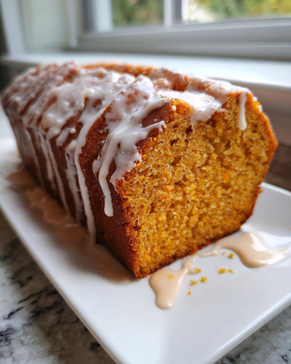 A moist, orange-hued sweet potato pound cake loaf drizzled heavily with white glaze, sitting on a white platter.