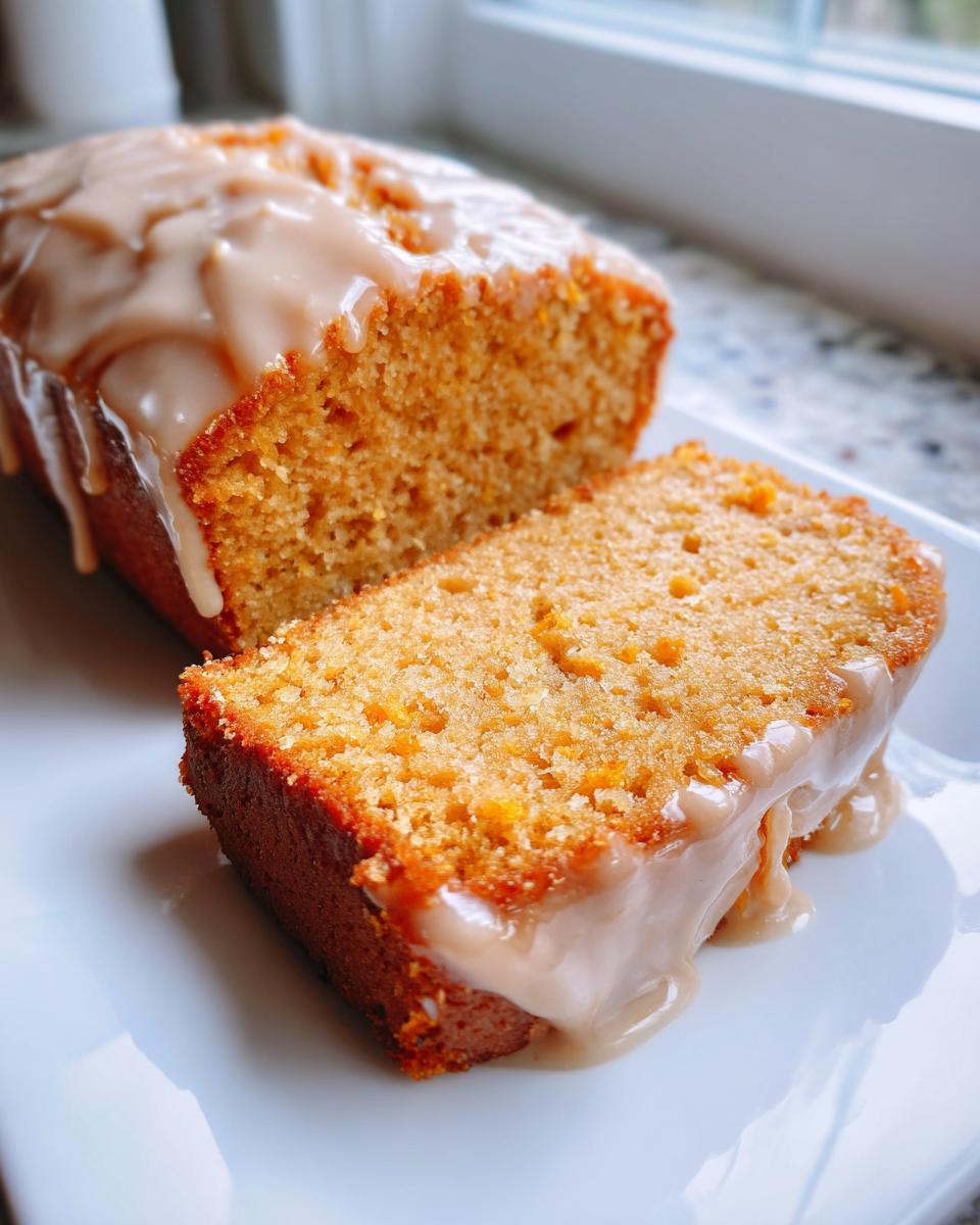 A loaf of moist sweet potato pound cake, partially sliced, topped with a thick, dripping caramel-colored glaze.
