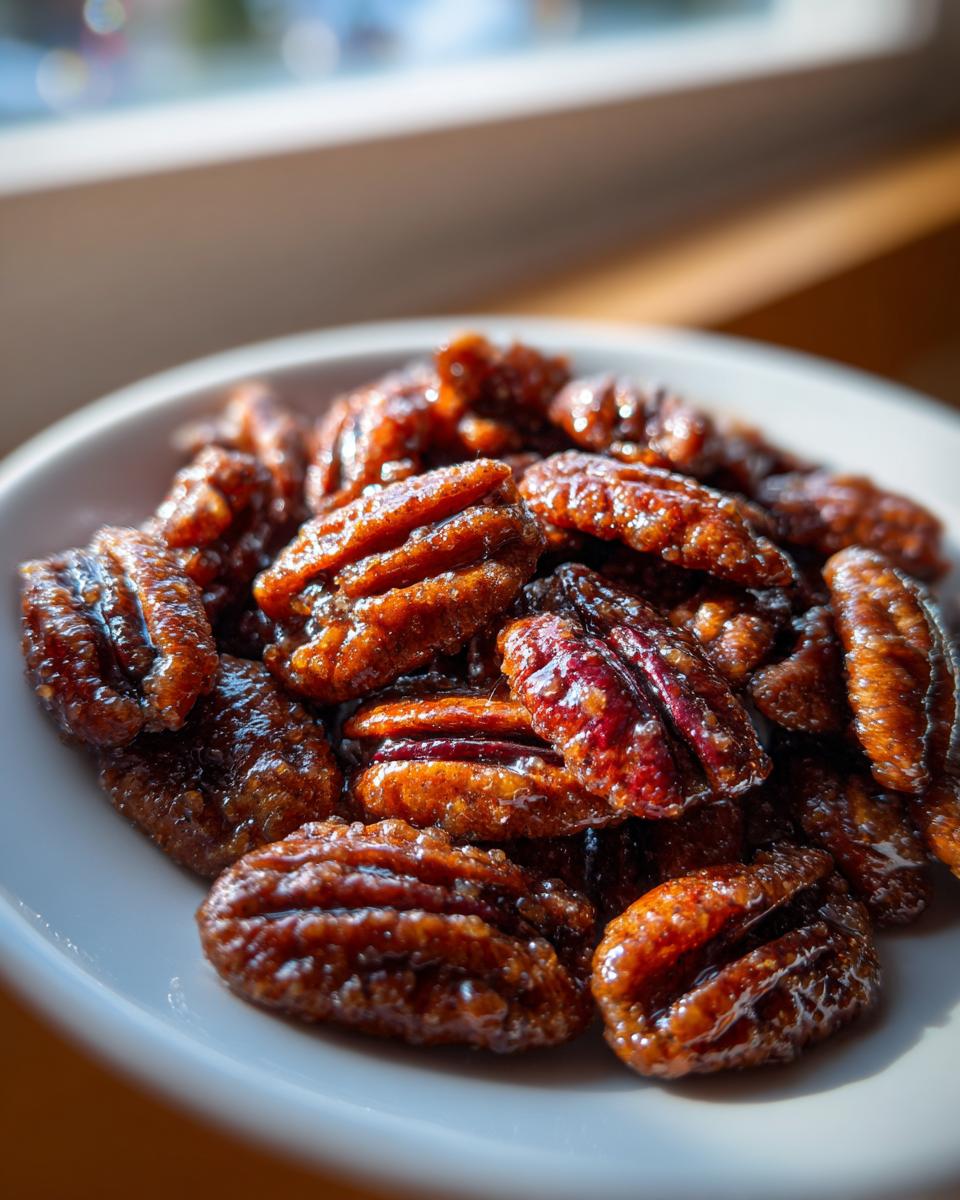A close-up shot of shiny, freshly made candied pecans piled on a small white dish, catching the sunlight.