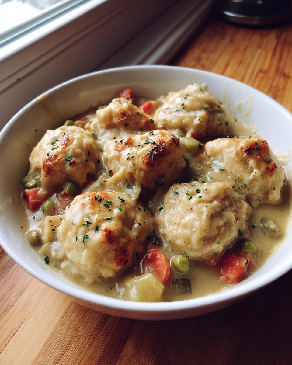 A white bowl filled with creamy gluten free chicken and dumplings, featuring carrots and peas, garnished with parsley.