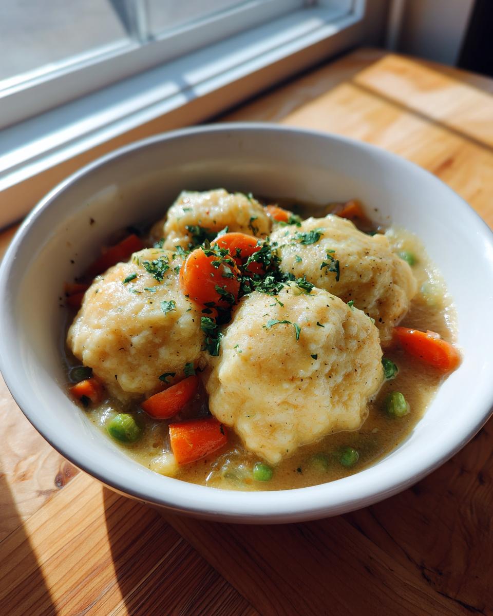 A white bowl filled with gluten free chicken and dumplings, carrots, and peas in a savory broth, garnished with parsley.