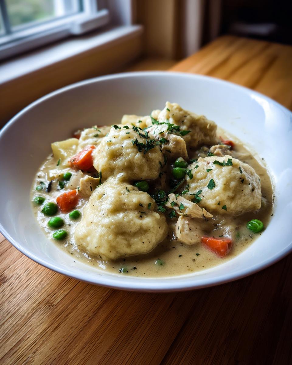 A close-up of a white bowl filled with creamy gluten free chicken and dumplings, featuring tender chicken, carrots, and peas, garnished with parsley.