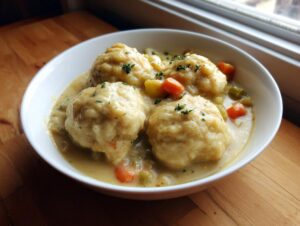 A close-up of a white bowl filled with creamy gluten free chicken and dumplings, topped with herbs.