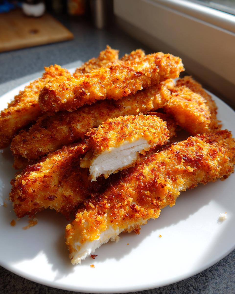 Close-up of golden brown, crispy air fryer chicken tenders stacked on a white plate, one piece is broken open showing white meat.