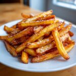 A close-up of perfectly golden, crispy air fryer french fries sprinkled with flaky sea salt on a white plate.